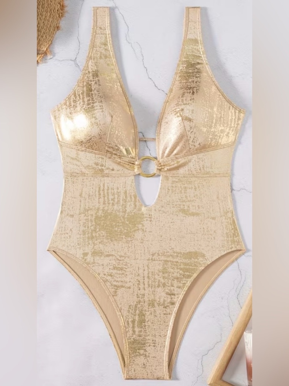 Metallic Gold Plunge Ring Detail Swimsuit